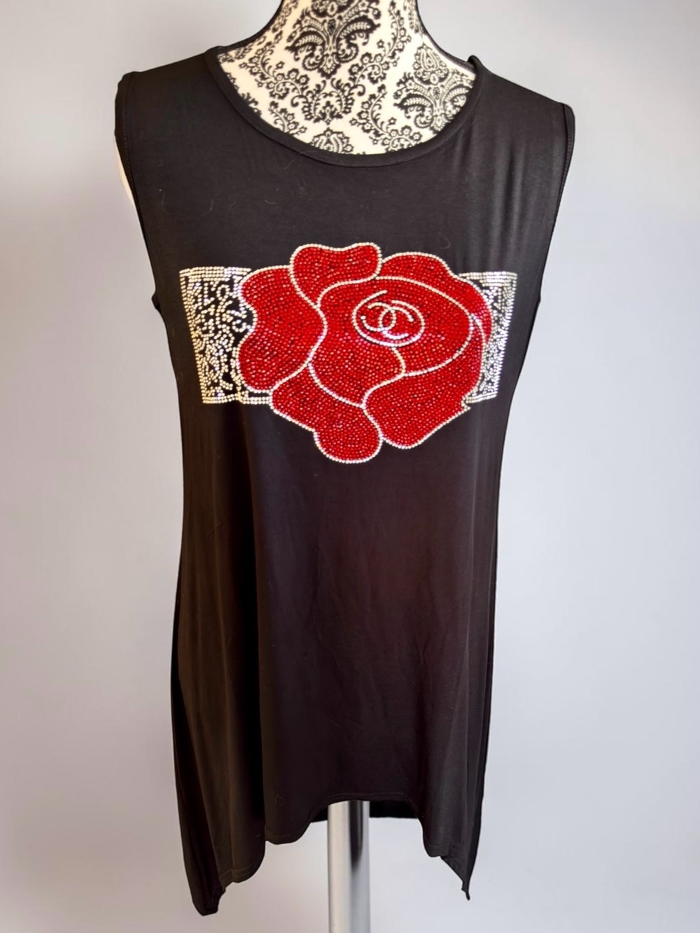 SHINY Handkerchief-Hem Tunic with Crystal Rose Graphic. Open Size. NWT.